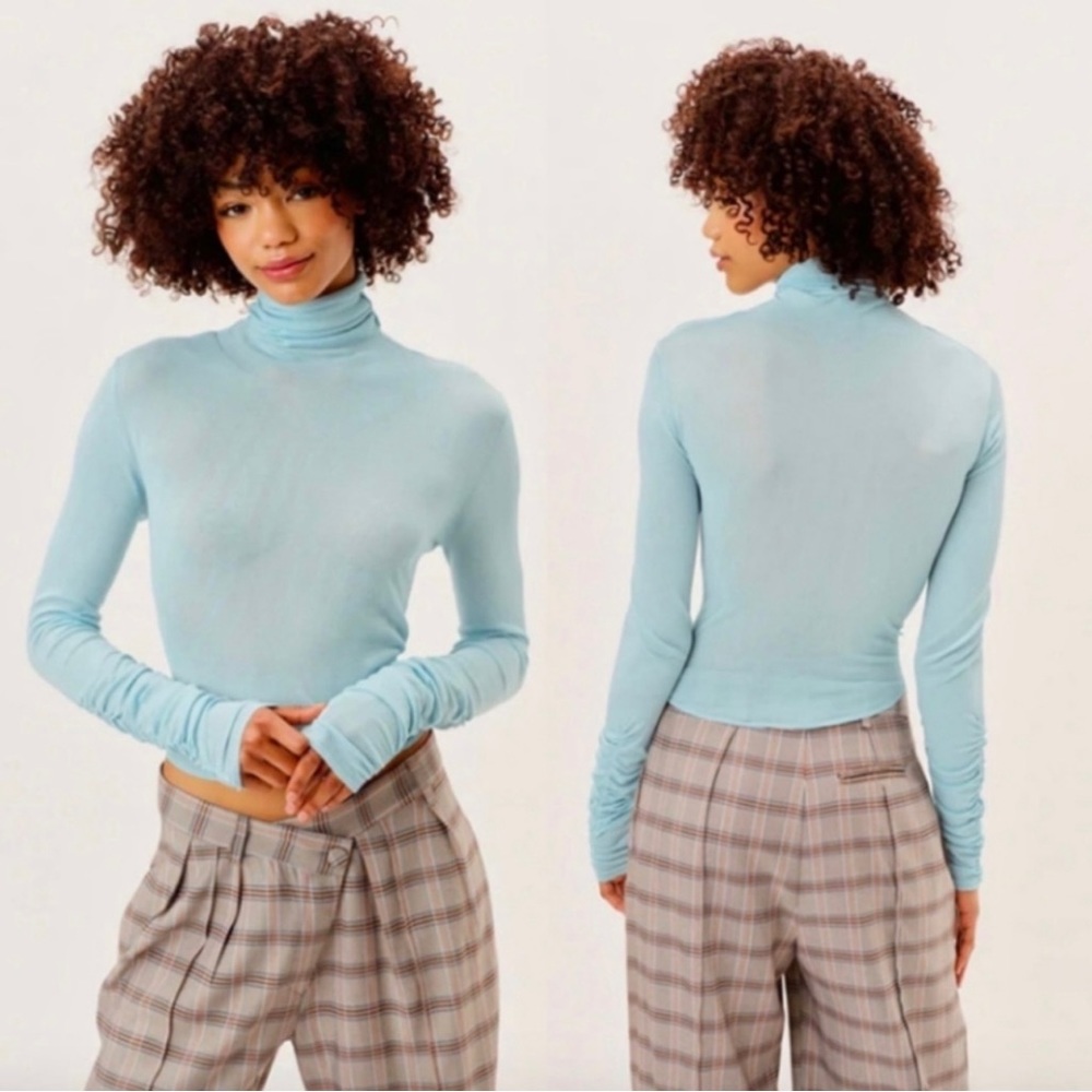 For Love & Lemons Blue Ruched Detailed Long Sleeve Turtleneck Sweater Size: M